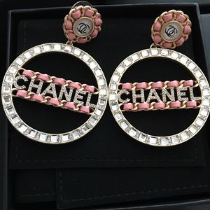 Chanel pink leather hoop earrings